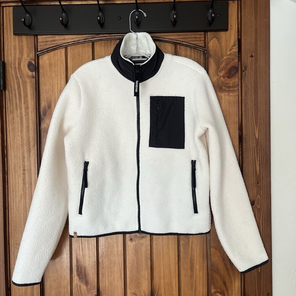 Tentree Fleece Sherpa Jacket Full Zip Coat Unisex S Small White Black Pockets